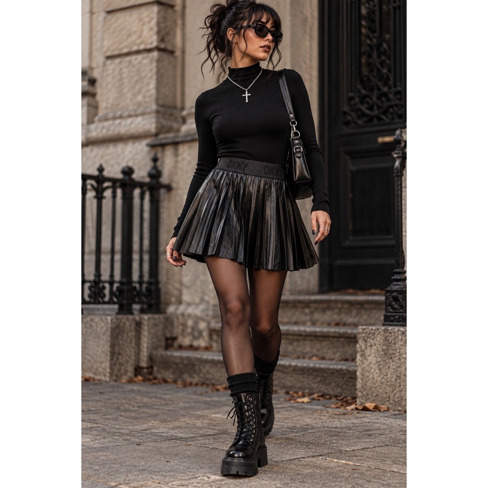 DKNY Black Faux Leather Pleated Mini Skirt Logo Waistband M Goth Dark Academia